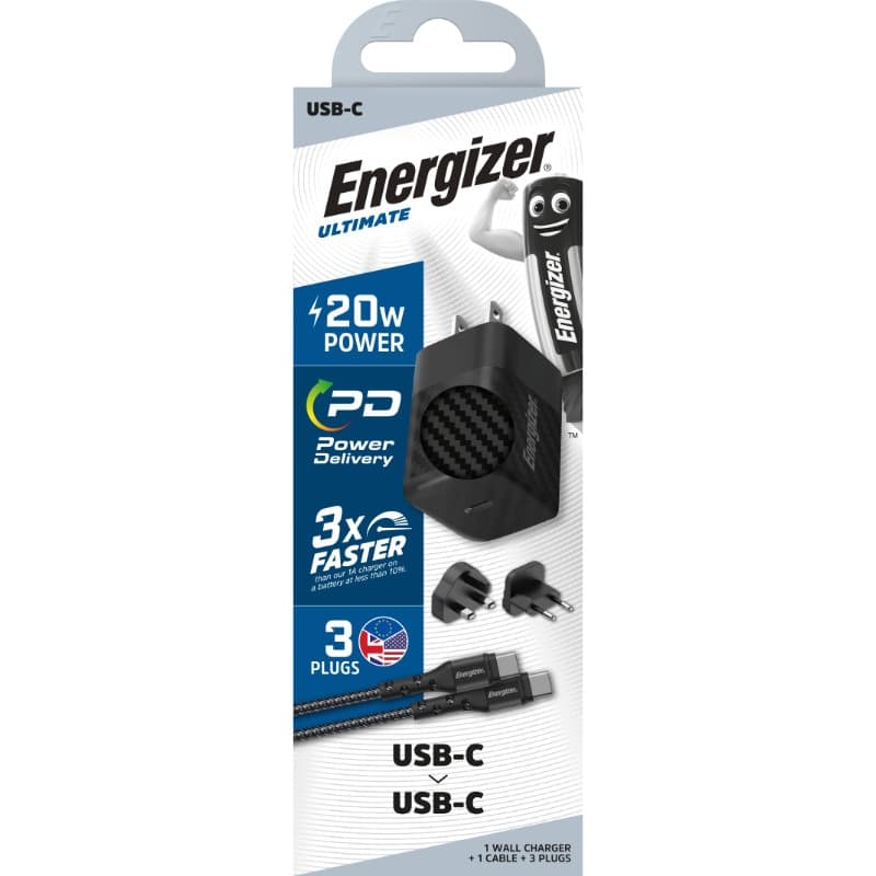 Energizer Ultimate - Multiplug EU / UK / US GaN 20W PD mains charger + USB-C cable (Black) - 4