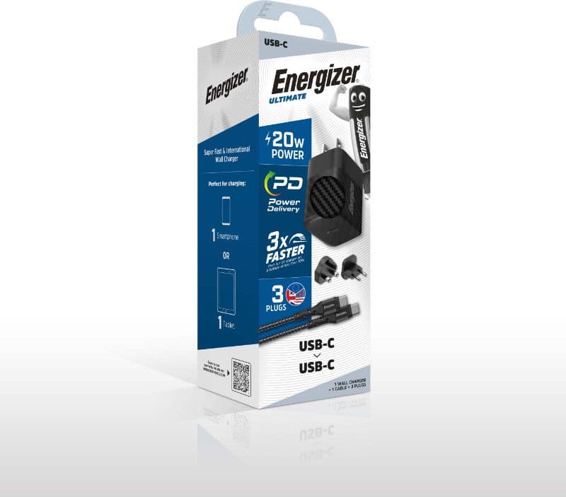 Energizer Ultimate - Multiplug EU / UK / US GaN 20W PD mains charger + USB-C cable (Black) - 5