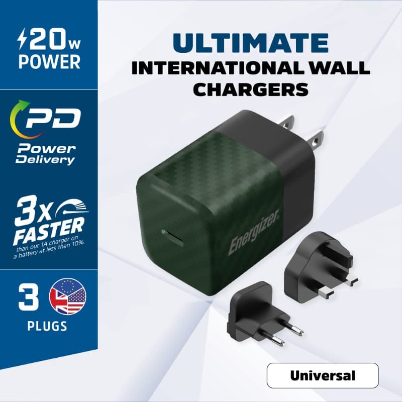 Energizer Ultimate - Multiplug EU / UK / US GaN 20W PD mains charger (Green) - 3
