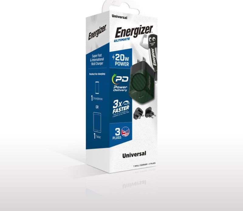 Energizer Ultimate - Multiplug EU / UK / US GaN 20W PD mains charger (Green) - 5