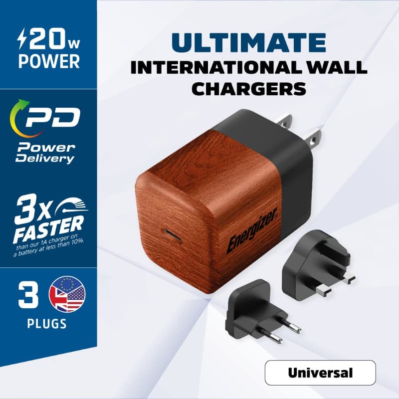 Energizer Ultimate - Multiplug EU / UK / US GaN 20W PD mains charger (Walnut burl) - 3
