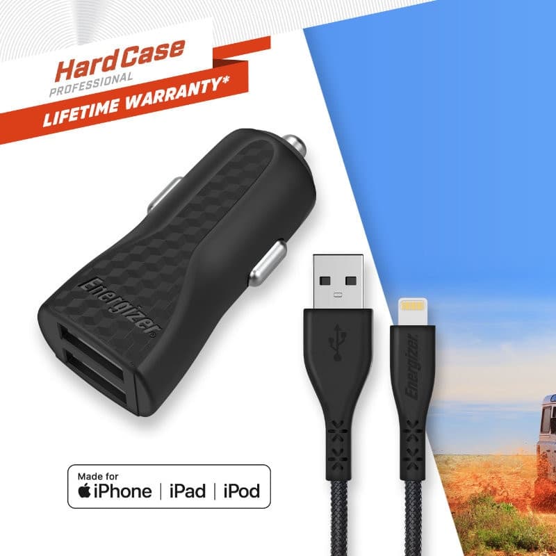 Energizer HardCase - Car charger 2x USB-A 17W 3.4A + MFi certified Lightning cable (Black) - 5