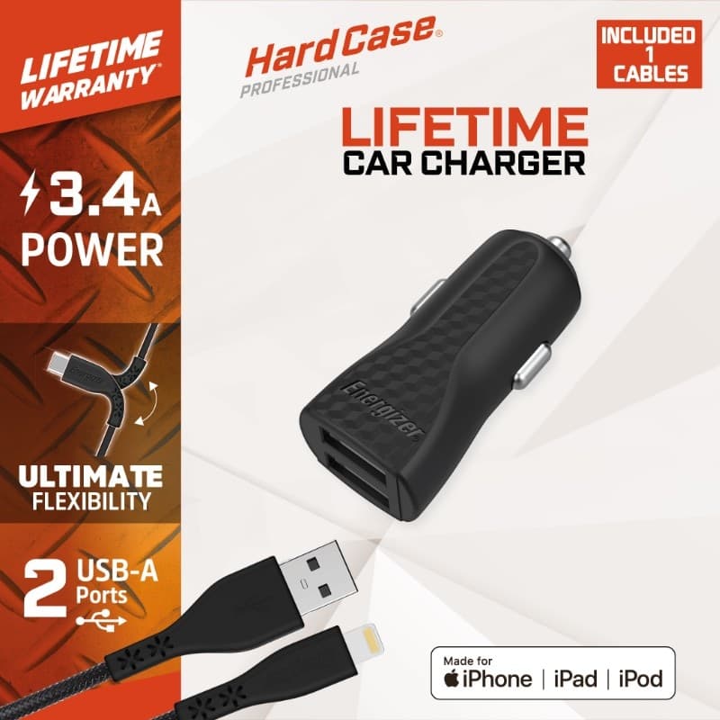 Energizer HardCase - Car charger 2x USB-A 17W 3.4A + MFi certified Lightning cable (Black) - 7