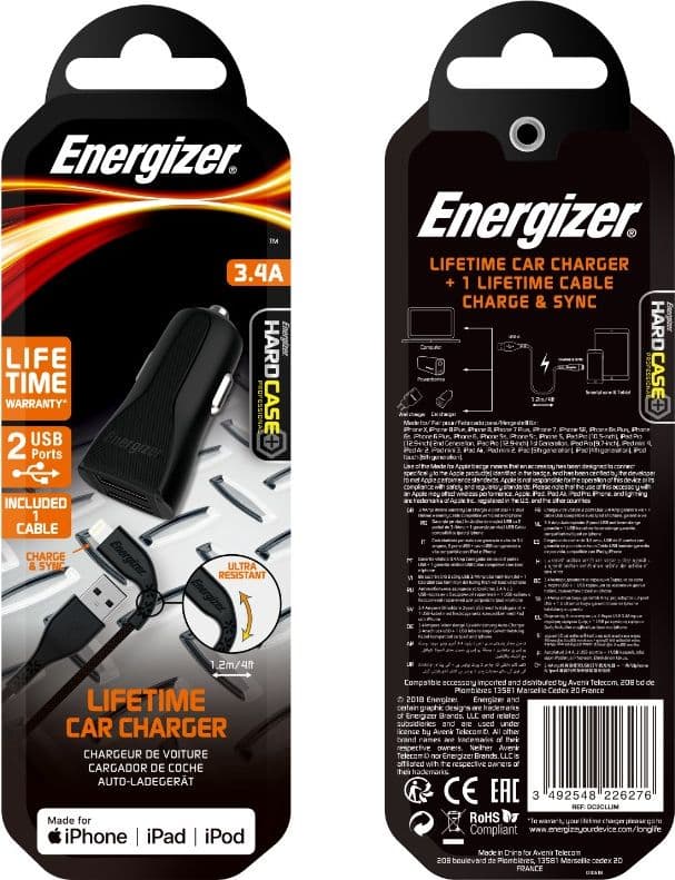 Energizer HardCase - Car charger 2x USB-A 17W 3.4A + MFi certified Lightning cable (Black) - 8