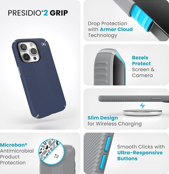Speck Presidio2 Grip - Custodia per iPhone 15 Pro (Blu costiero / Grigio polvere / Bianco) - 20
