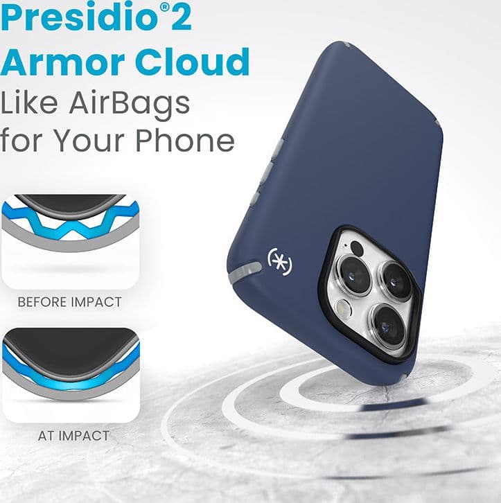 Speck Presidio2 Pro Magsafe - Custodia per iPhone 15 Pro (Blu costiero / Grigio polvere / Bianco) - 9
