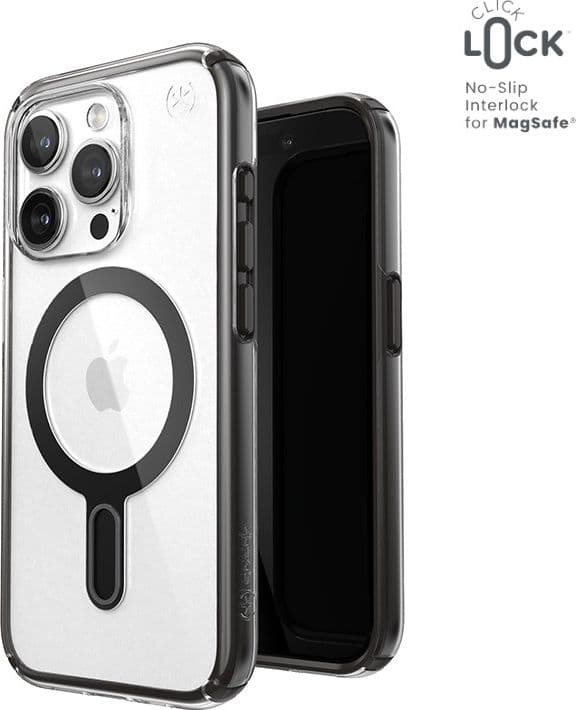 Speck Presidio Perfect-Clear ClickLock & Magsafe - Custodia per iPhone 15 Pro (Trasparente / Nero satinato / Grigio ardesia) - 11