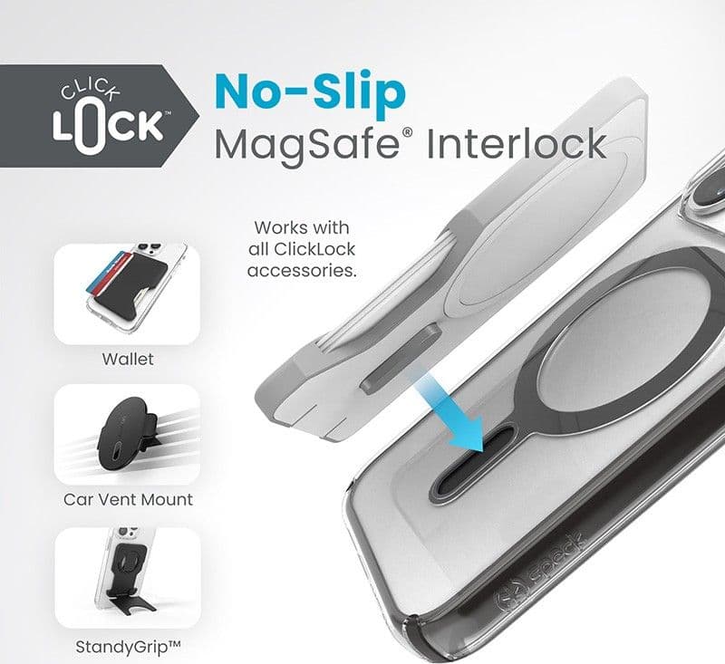 Speck Presidio Perfect-Clear ClickLock & Magsafe - Custodia per iPhone 15 Pro (Trasparente / Nero satinato / Grigio ardesia) - 12