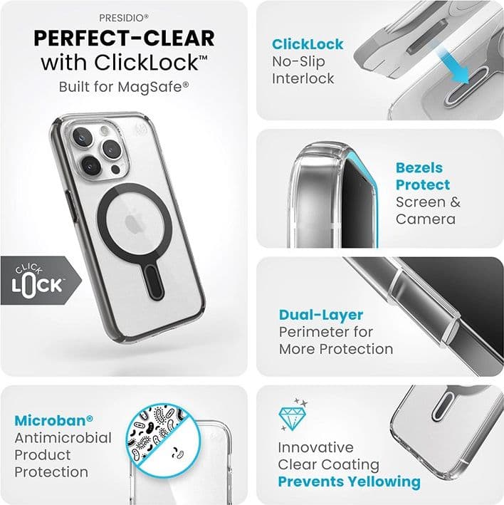 Speck Presidio Perfect-Clear ClickLock & Magsafe - Custodia per iPhone 15 Pro (Trasparente / Nero satinato / Grigio ardesia) - 14