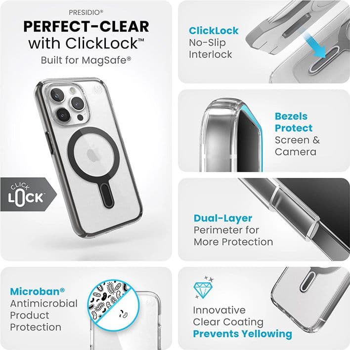Speck Presidio Perfect-Clear ClickLock & Magsafe - Custodia per iPhone 15 Pro (Trasparente / Nero satinato / Grigio ardesia) - 4