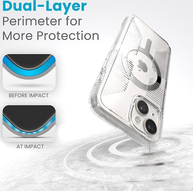 Speck Gemshell Grip + MagSafe - Custodia per iPhone 16e / iPhone 15 / iPhone 14 / iPhone 13 (finitura trasparente / cromata) - 16