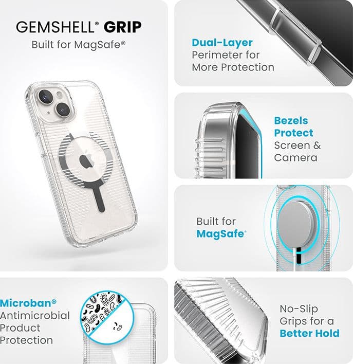 Speck Gemshell Grip + MagSafe - Custodia per iPhone 16e / iPhone 15 / iPhone 14 / iPhone 13 (finitura trasparente / cromata) - 10