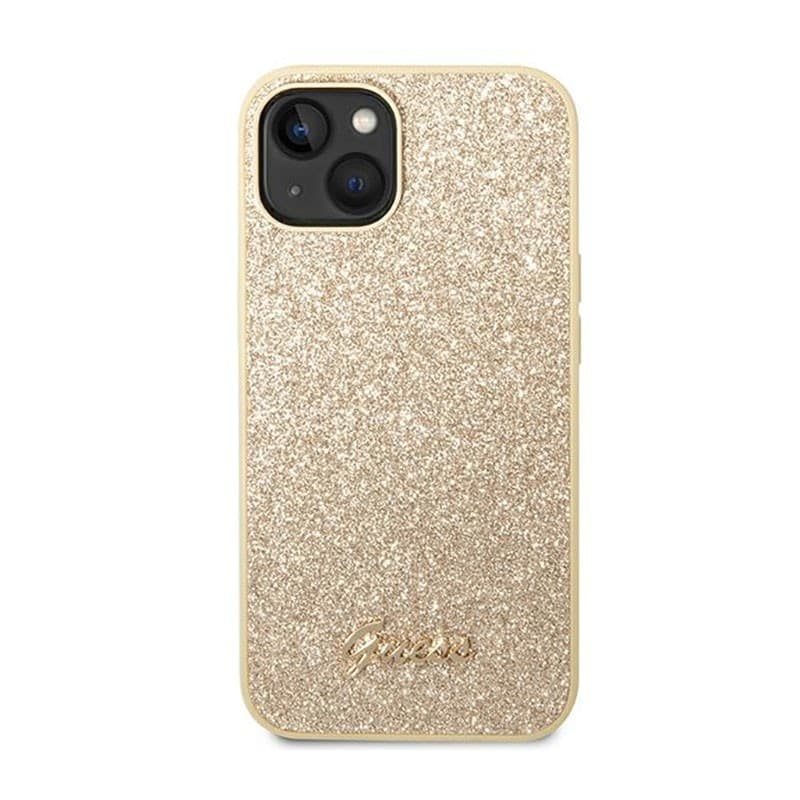 Guess Glitter Flakes Metal Logo Case - Case for iPhone 14 Plus (Gold) - 11