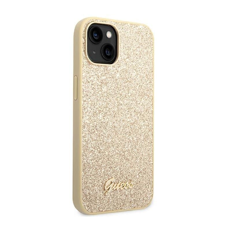 Guess Glitter Flakes Metal Logo Case - Case for iPhone 14 Plus (Gold) - 12