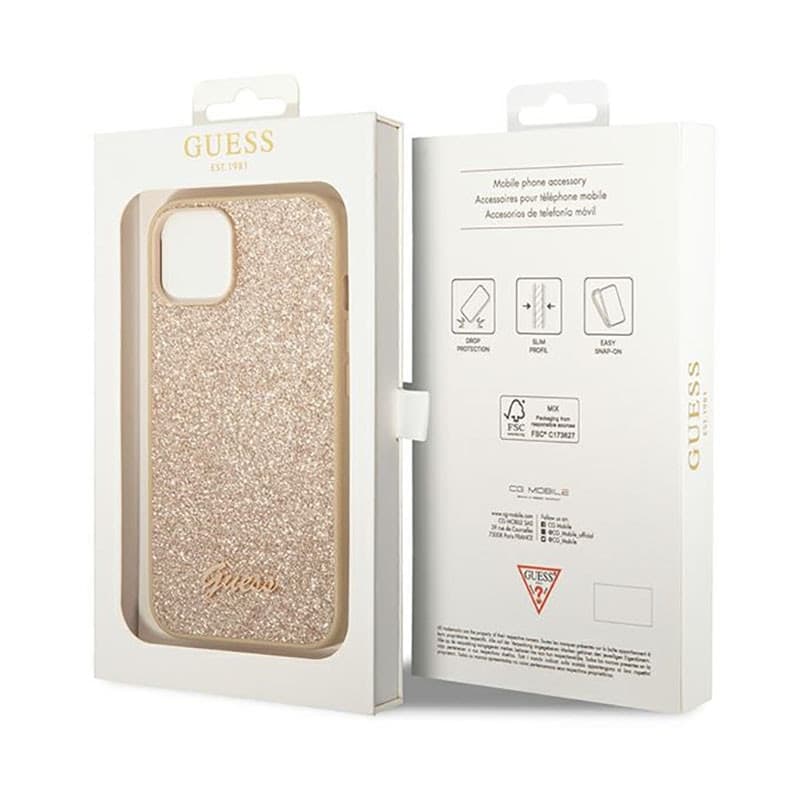Guess Glitter Flakes Metal Logo Case - Case for iPhone 14 Plus (Gold) - 8
