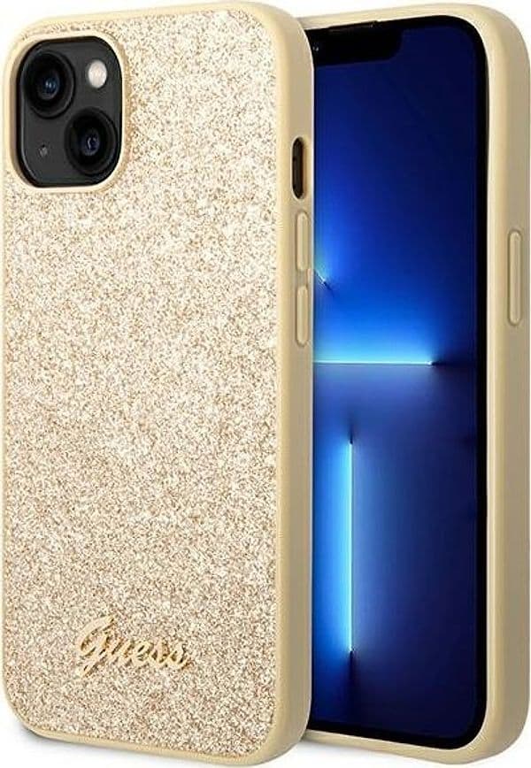 Guess Glitter Flakes Metal Logo Case - Case for iPhone 14 Plus (Gold) - 9