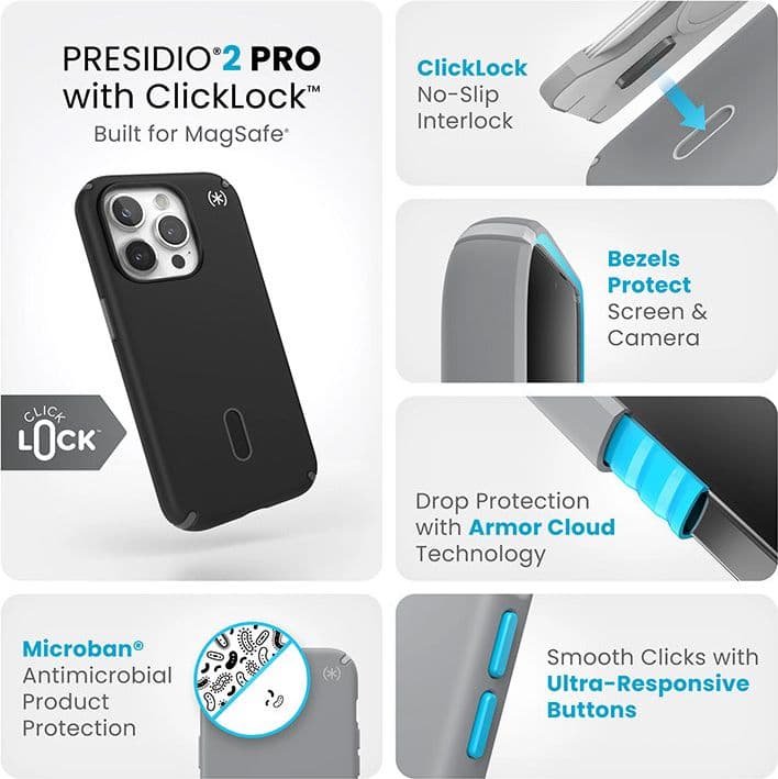 Speck Presidio2 Pro ClickLock e MagSafe - Custodia per iPhone 15 Pro (Nero / Grigio Ardesia / Bianco) - 3