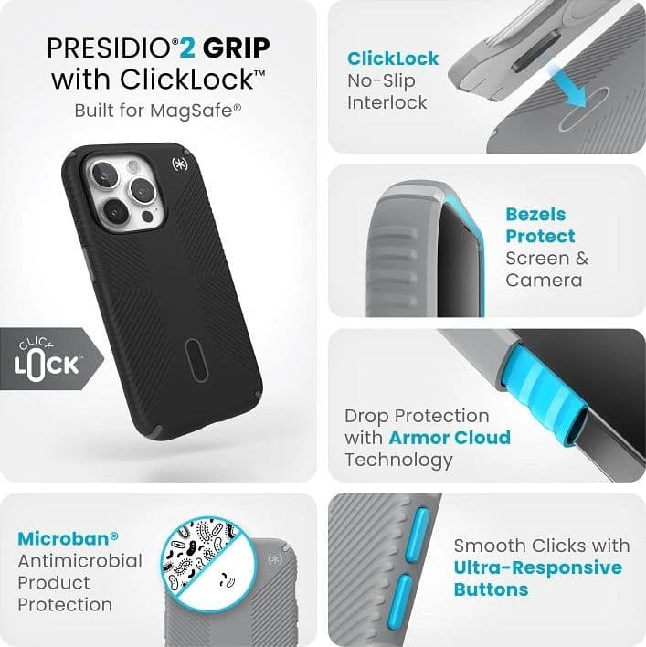 Speck Presidio2 Grip ClickLock e Magsafe - Custodia per iPhone 15 Pro (Nero / Grigio Ardesia / Bianco) - 14