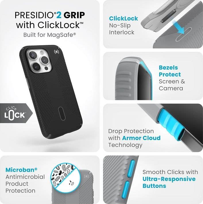Speck Presidio2 Grip ClickLock e Magsafe - Custodia per iPhone 15 Pro (Nero / Grigio Ardesia / Bianco) - 4