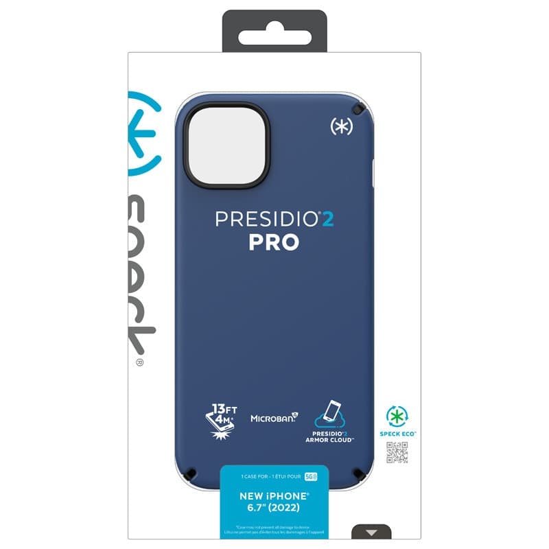 Speck Presidio2 Pro - Custodia antibatterica per iPhone 15 Plus / 14 Plus (blu costiero / nero / bianco) - 10