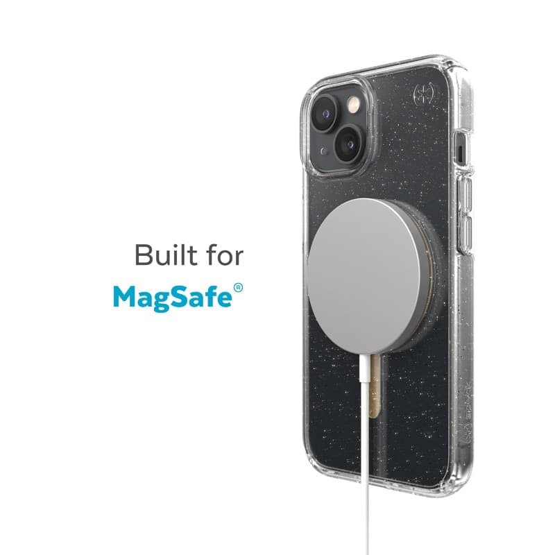 Speck Presidio Perfect-Clear con glitter + MagSafe - Custodia per iPhone 15 Plus / 14 Plus con rivestimento MICROBAN (trasparent - 12