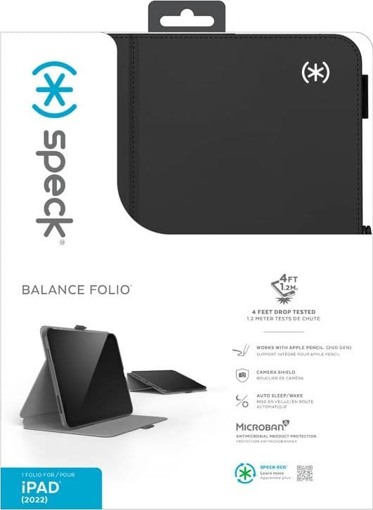 Speck Balance Folio – Custodia per iPad 11" (2025) / 10.9" (2022) con rivestimento MICROBAN con magnete e supporto (nero) - 20