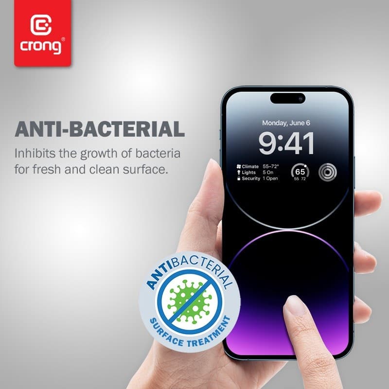 Crong Anti-Bacterial 3D Armor Glass - Vetro temperato 9H per iPhone 14 Pro Max a schermo intero + telaio di installazione - 13