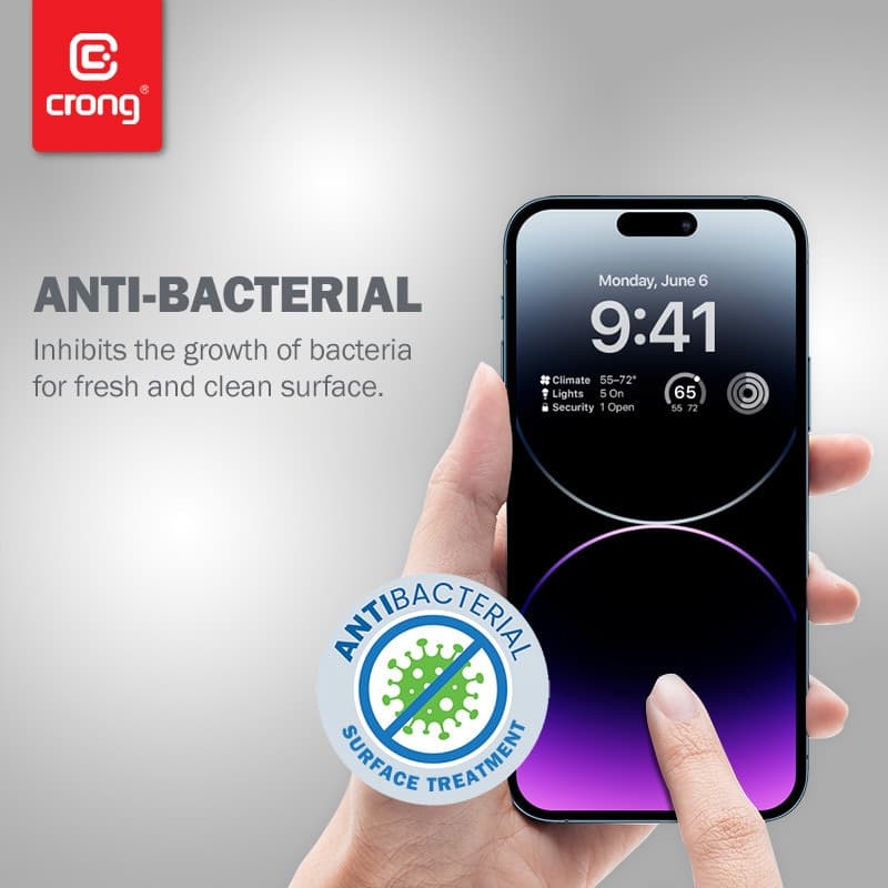 Crong Anti-Bacterial 3D Armor Glass - Vetro temperato 9H per iPhone 14 Pro Max a schermo intero + telaio di installazione - 5