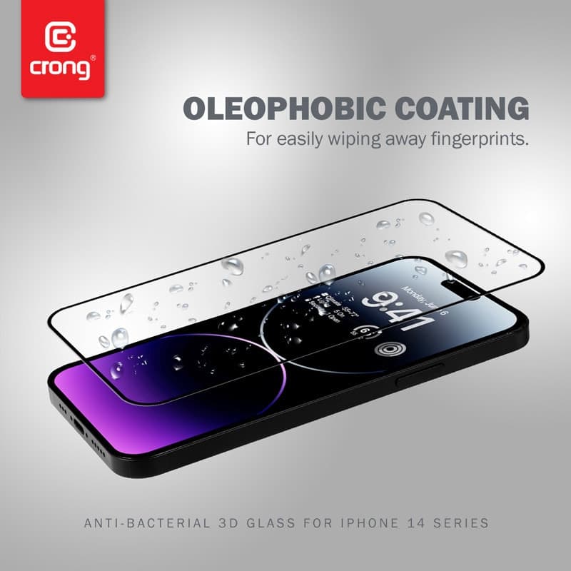 Crong Anti-Bacterial 3D Armor Glass - Vetro temperato 9H per iPhone 14 Pro Max a schermo intero + telaio di installazione - 7