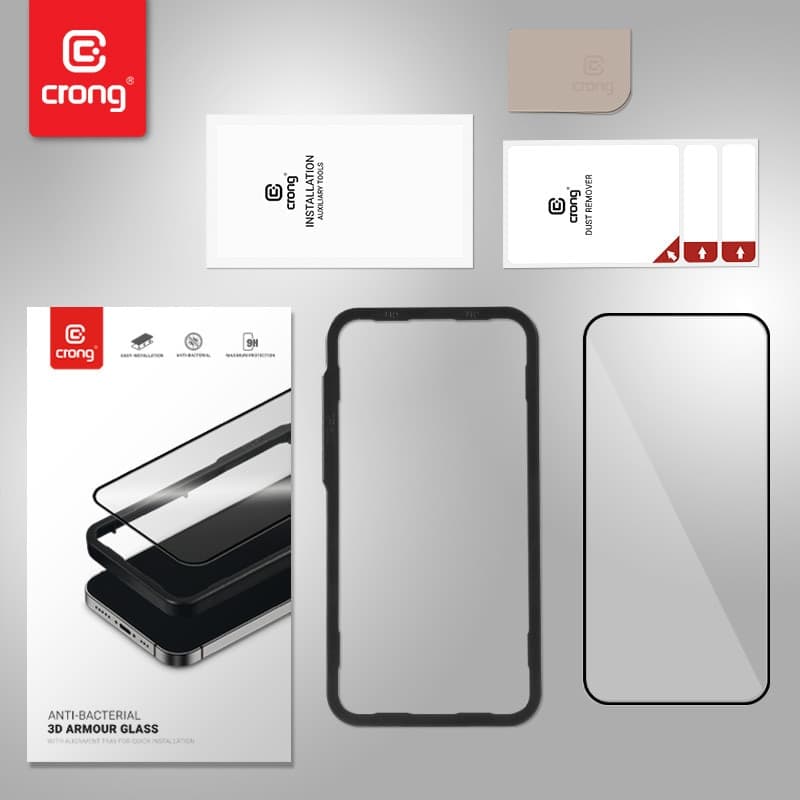 Crong Anti-Bacterial 3D Armor Glass - Vetro temperato 9H per iPhone 14 Pro Max a schermo intero + telaio di installazione - 8