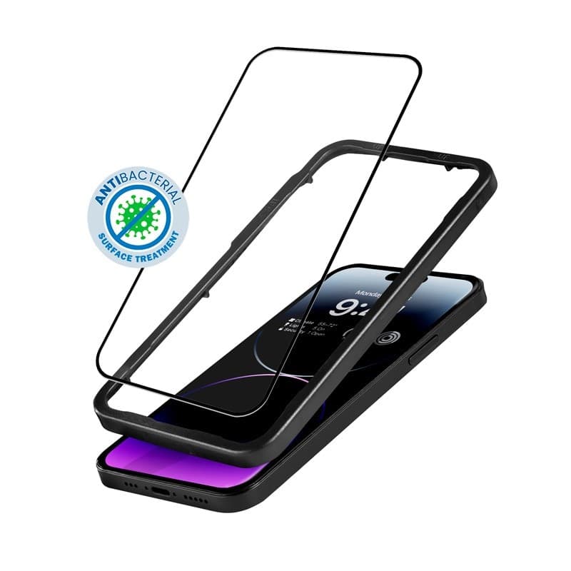 Crong Anti-Bacterial 3D Armor Glass - Vetro temperato 9H per iPhone 14 Pro Max a schermo intero + telaio di installazione - 9