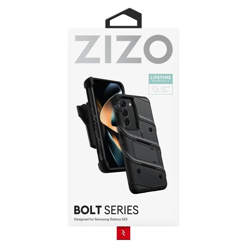 ZIZO BOLT Series - Armoured case for Samsung Galaxy S23 with 9H glass for screen + holder with stand (Black) - 14