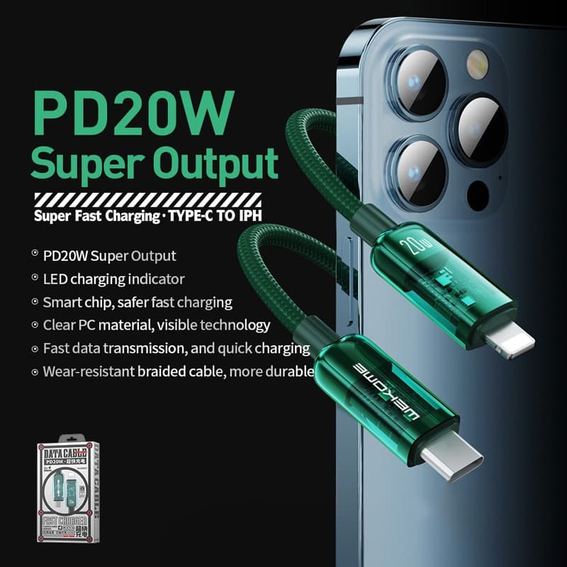 WEKOME WDC-181 Vanguard Series - USB-C to Lightning Super Fast Charging PD 20W connection cable 1m (Green) - 2