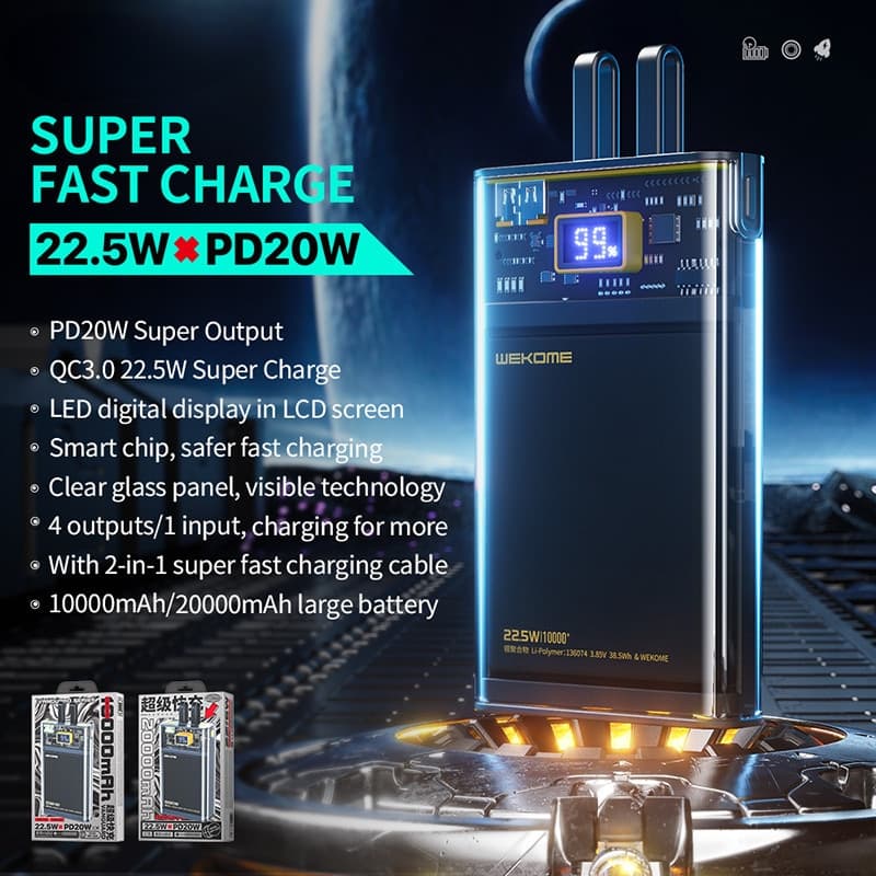 WEKOME WP-325 Vanguard Series - Power bank 20000 mAh Super Charging with built-in USB-C & Lightning PD 20W cable + QC 22.5W (Bla - 2