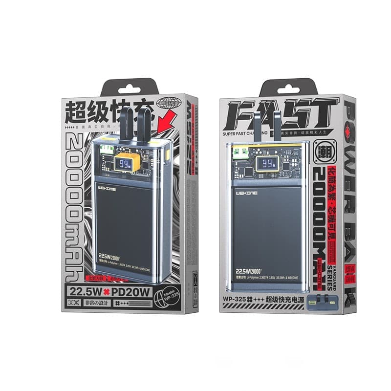 WEKOME WP-325 Vanguard Series - Power bank 20000 mAh Super Charging with built-in USB-C & Lightning PD 20W cable + QC 22.5W (Bla - 12