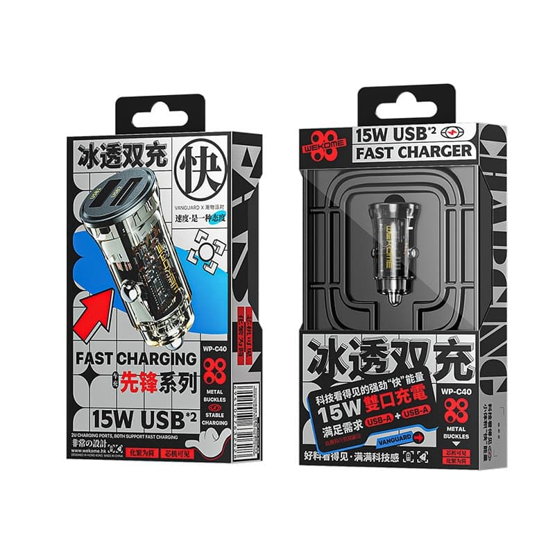 WEKOME WP-C40 Vanguard Series - Car charger 2 x USB Fast Charging 15W (Black / Transparent) - 3