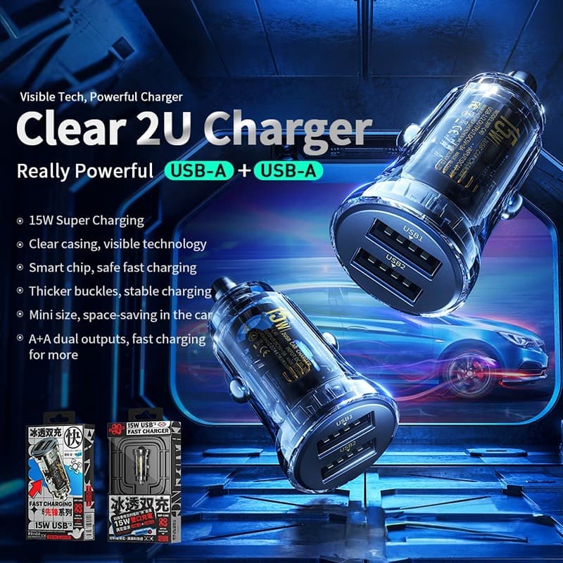 WEKOME WP-C40 Vanguard Series - Car charger 2 x USB Fast Charging 15W (Black / Transparent) - 8