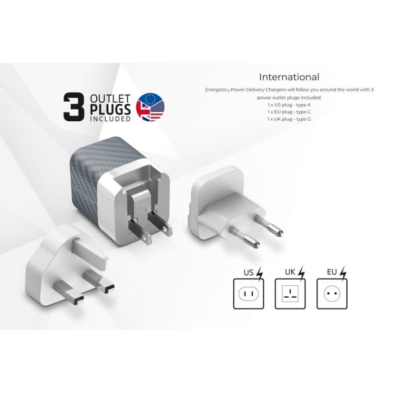 Energizer Ultimate - Multiplug EU / UK / US mains charger GaN 38W PD + QC3.0 (Silver) - 3