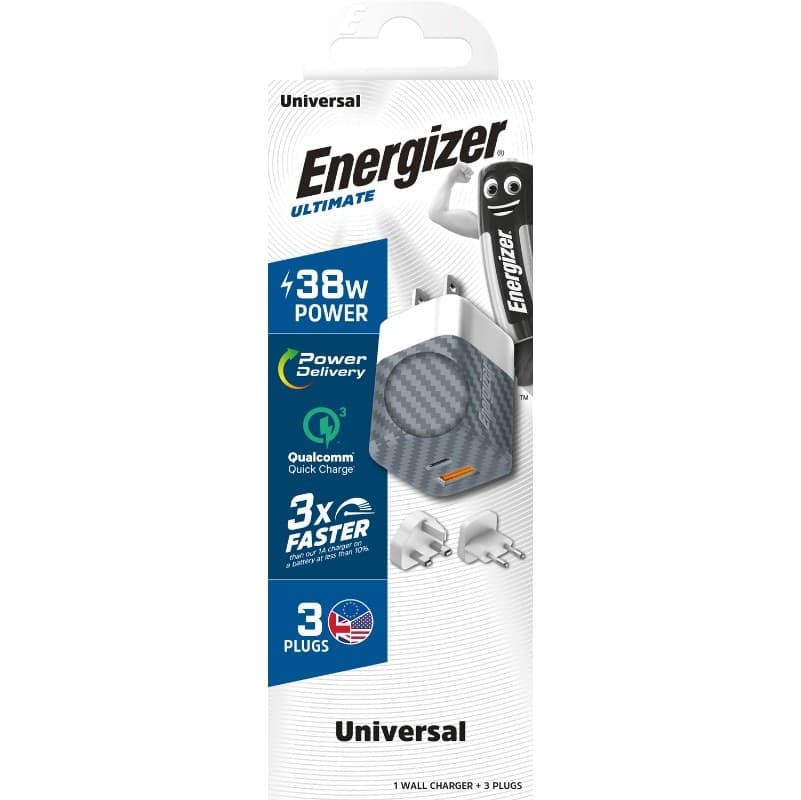 Energizer Ultimate - Multiplug EU / UK / US mains charger GaN 38W PD + QC3.0 (Silver) - 10