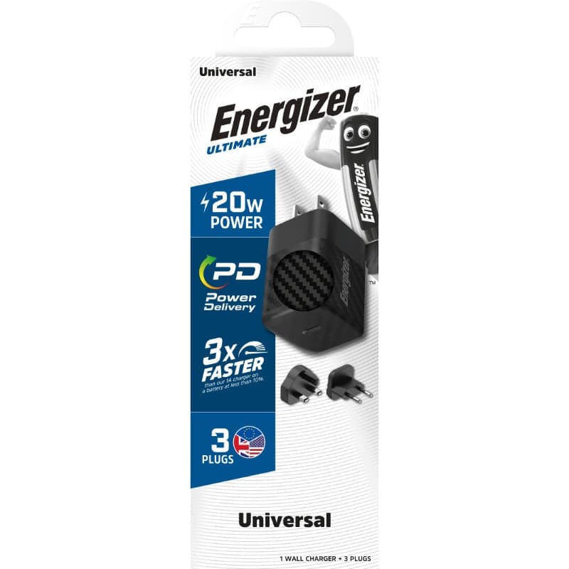 Energizer Ultimate - Multiplug EU / UK / US GaN 20W PD mains charger (Black) - 4