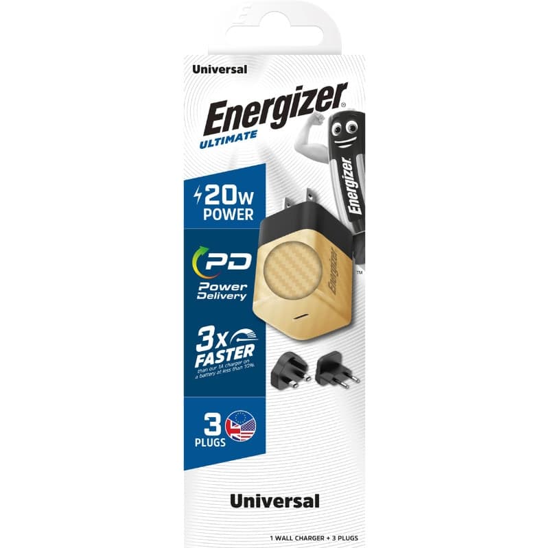 Energizer Ultimate - Multiplug EU / UK / US GaN 20W PD mains charger (Gold) - 4
