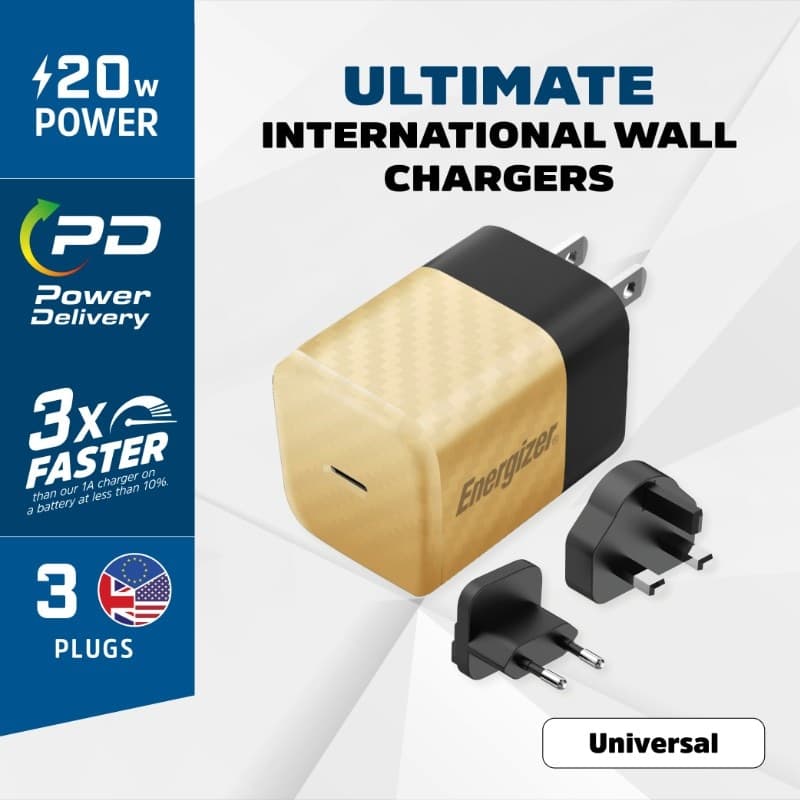 Energizer Ultimate - Multiplug EU / UK / US GaN 20W PD mains charger (Gold) - 9
