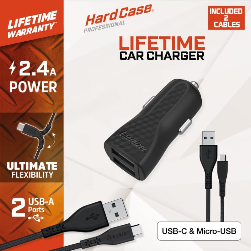 Energizer HardCase - Car charger 2x USB-A 2.4A + USB-C & Micro USB cable (Black) - 2
