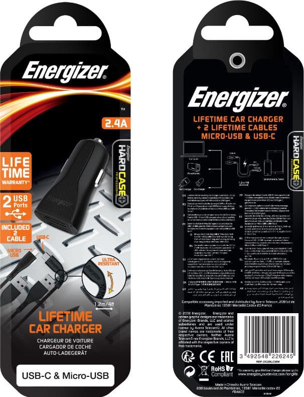 Energizer HardCase - Car charger 2x USB-A 2.4A + USB-C & Micro USB cable (Black) - 3