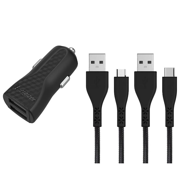 Energizer HardCase - Car charger 2x USB-A 2.4A + USB-C & Micro USB cable (Black) - 5