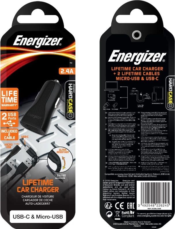 Energizer HardCase - Car charger 2x USB-A 2.4A + USB-C & Micro USB cable (Black) - 7