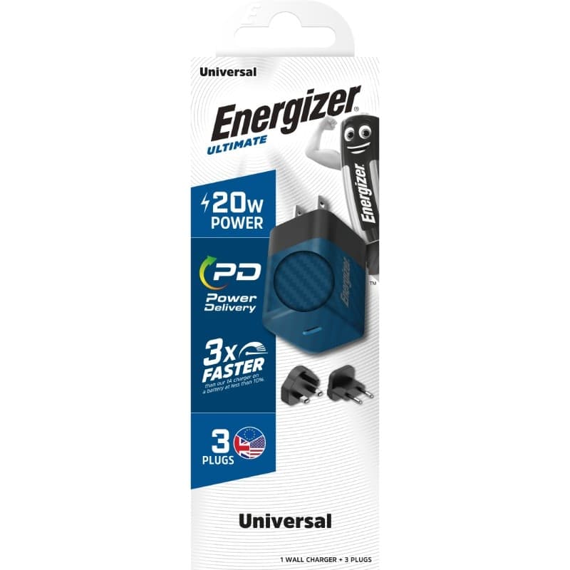 Energizer Ultimate - Multiplug EU / UK / US GaN 20W PD mains charger (Blue) - 8