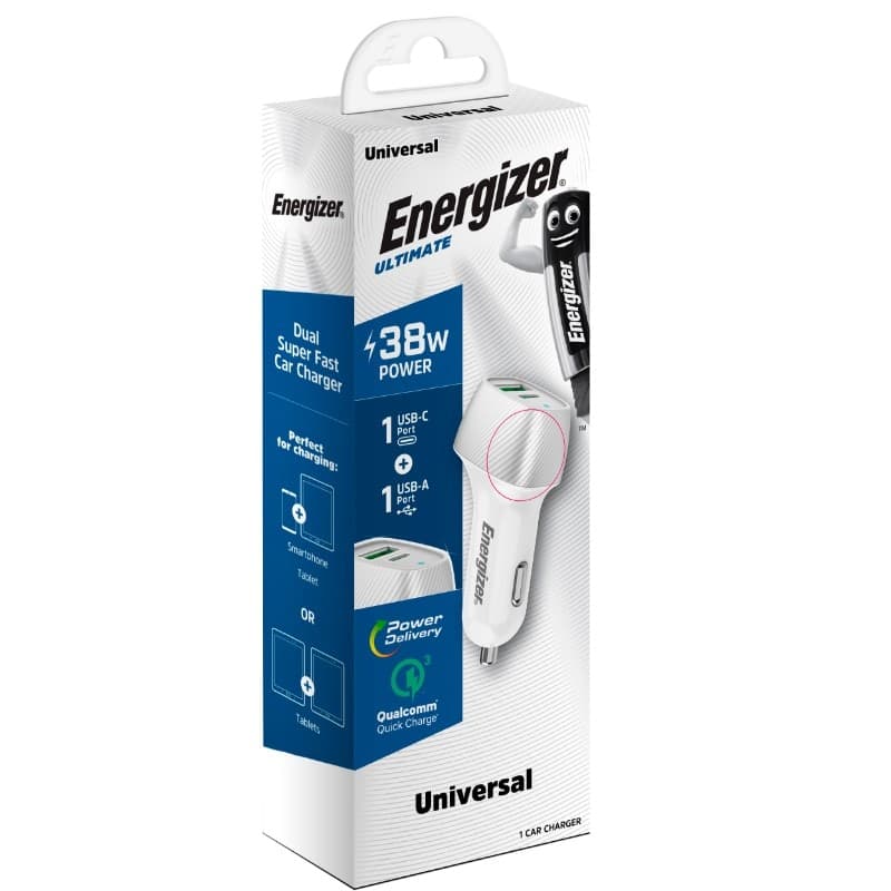 Energizer Ultimate - USB-C & USB-A 38W PD + QC3.0 car charger (White / Silver) - 12
