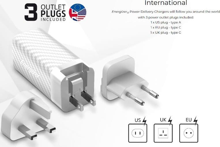Energizer Ultimate - Multiplug EU / UK / US GaN USB-C & USB-A 65W PD mains charger + USB-C cable (Black) - 11
