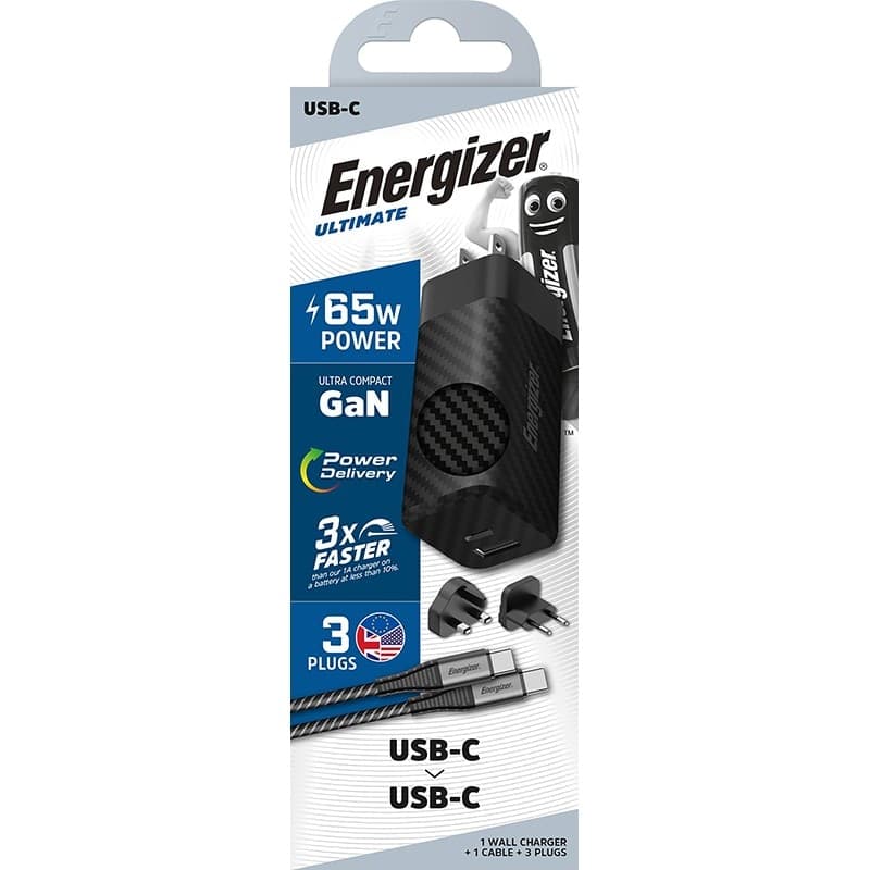 Energizer Ultimate - Multiplug EU / UK / US GaN USB-C & USB-A 65W PD mains charger + USB-C cable (Black) - 12